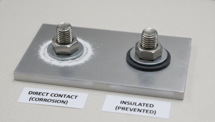 a close up of an aluminum plate bolted with stainless fasteners showing white corrosion around the fastener area plus a second example with an insulating washer to show prevention