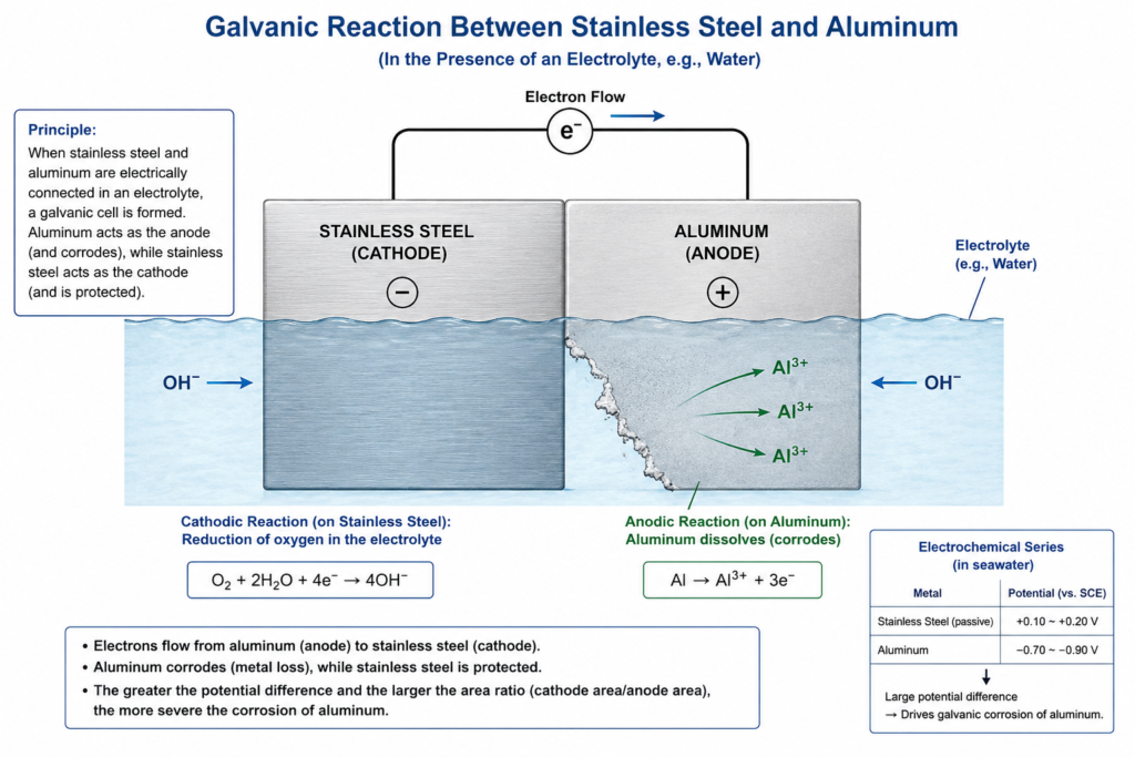 Galvanic Reaction Between Stainless Steel and Aluminun(In the Presence of an Electrolyte, e.g., Water)